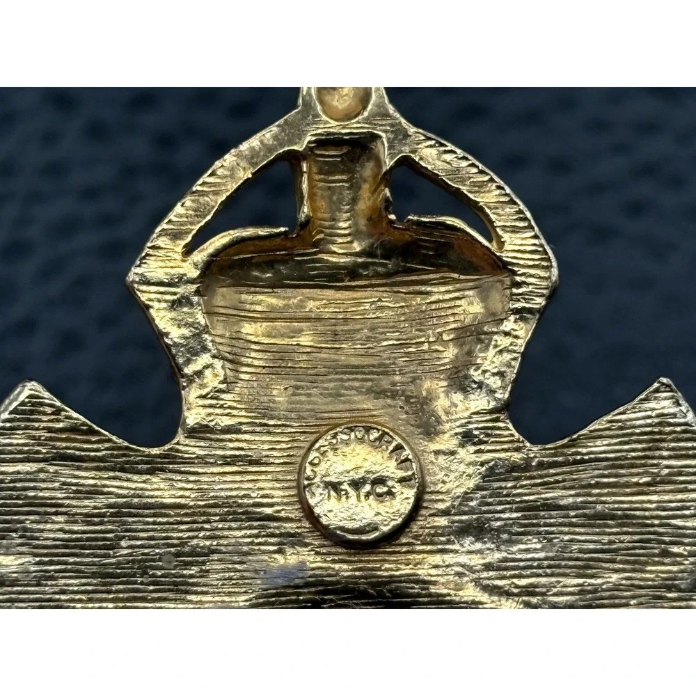 Vintage Accessocraft NYC Lion Shield Brooch Gold Tone Blue Enamel Leo Zodiac